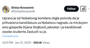 Nobelov komitet prihvatio kandidaturu za mir